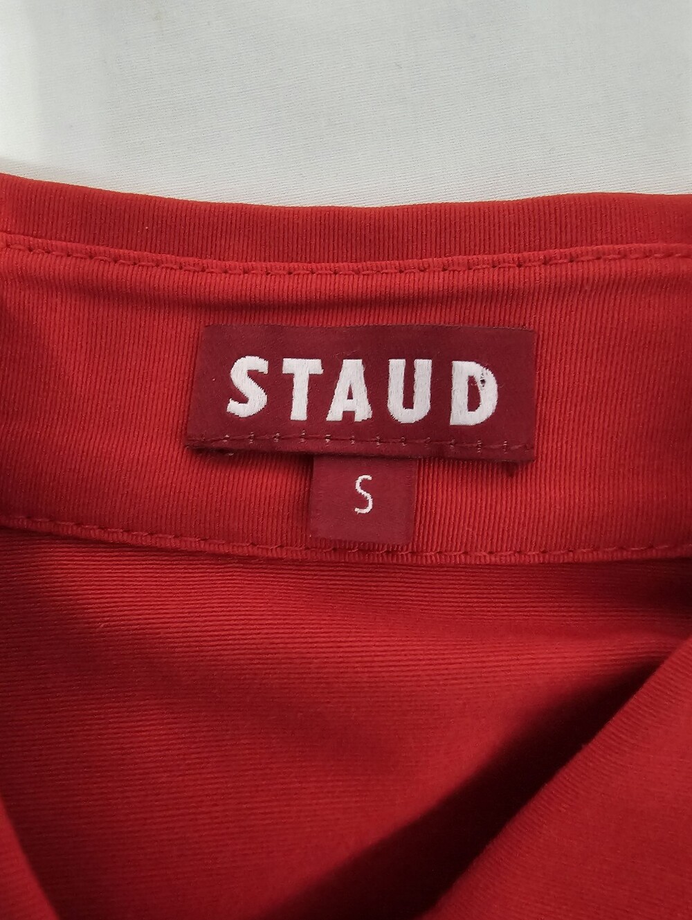 STAUD Red Structured Button Front Blouse Sz S Statement Collar Cinched Waist Top - Picture 8 of 9
